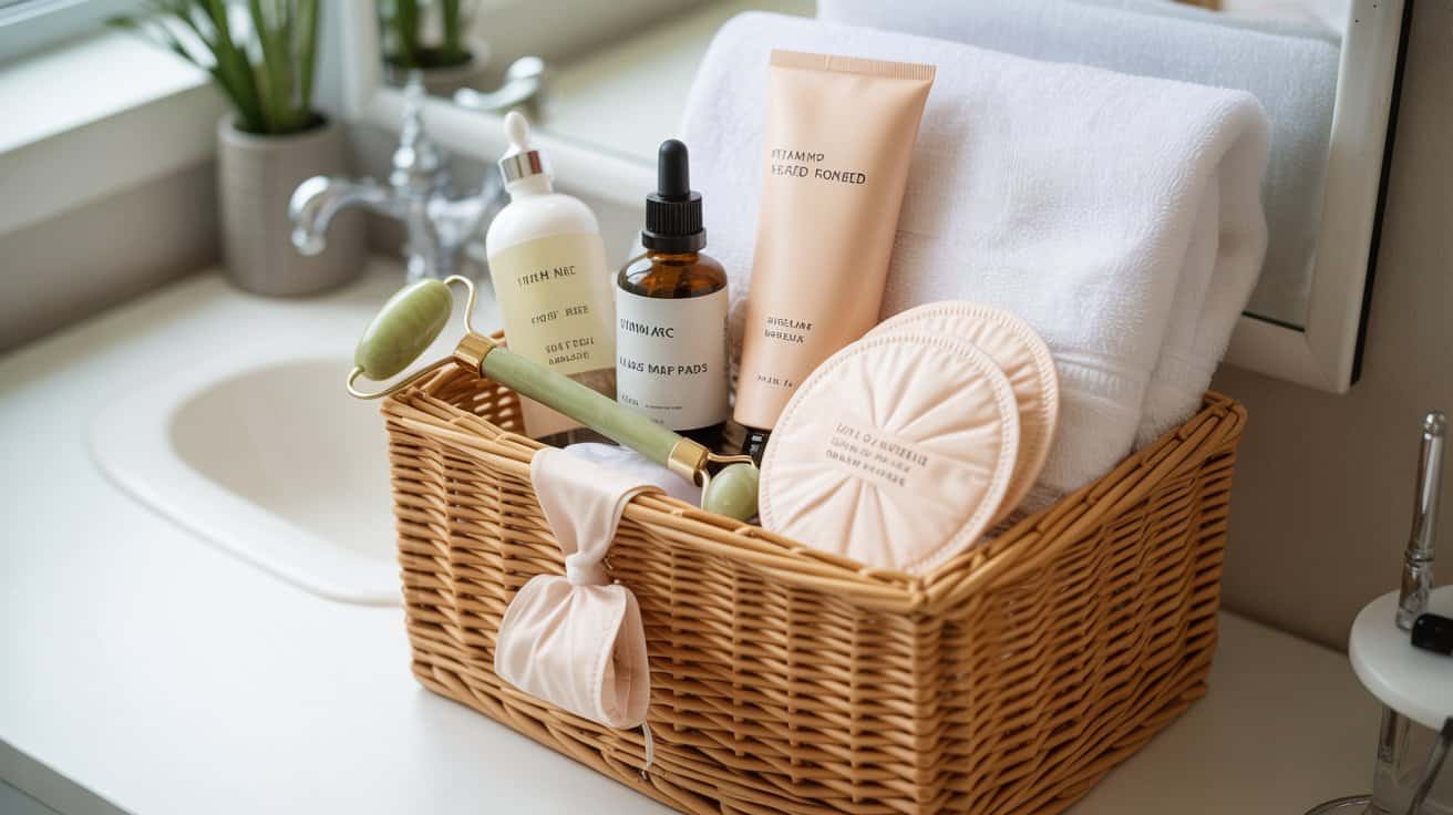Beauty ritual hamper with Vitamin C serum, jade roller, sheet masks, and reusable makeup pads.