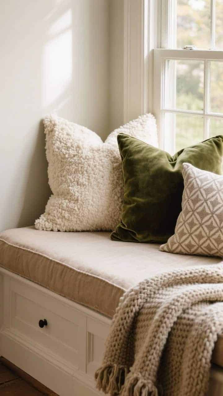 Closeup detail shot of a bay window seat styled with layered textures: a smooth dense cotton-linen base cushion in warm neutral oat, topped with one boucle pillow in cream, one velvet lumbar pillow in deep moss, and one patterned linen pillow in subtle geometric neutral; a chunky knit throw draped casually over the edge. Soft morning natural light rakes across the fabrics to highlight the linen weave, nubby boucle, plush velvet sheen, and chunky knit. Straight-on composition focusing on texture depth; neutral, curated palette with 2–3 textures max.