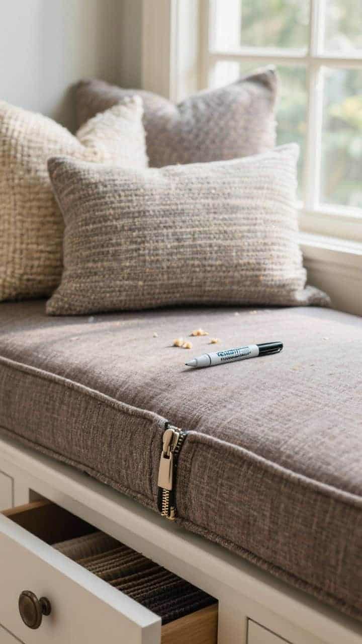 Closeup, photorealistic fabric swatch vignette on a bay window cushion: soft-touch Crypton or Sunbrella fabric in a heathered warm gray covering the cushion, with a hidden zipper pull partially tucked along the seam; a small stain-remover pen rests in an adjacent drawer left slightly open. Add layered accent pillows in tweed and heathered patterns that disguise crumbs. Late afternoon light highlights the UV-stable weave; tight macro focus on the zipper, weave texture, and stain-resistant finish.
