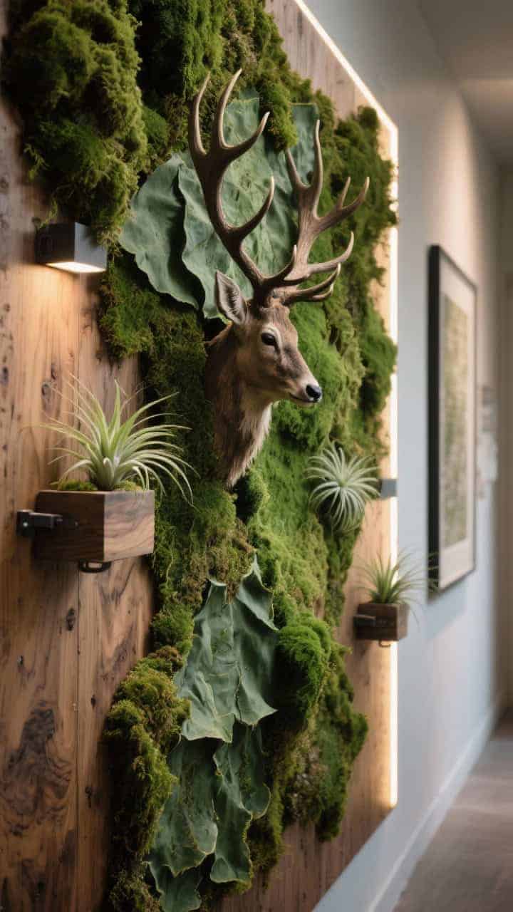 Detail closeup of a preserved moss and wood panel installation: a lush blend of reindeer, sheet, and mood moss mounted on sealed plywood, with small bracketed planters adjacent holding a few live tillandsia air plants. Rich, tactile textures dominate; the irregular organic surface softens the scene. LED picture lights cast a gentle, gallery-like glow, highlighting the moss’s varied greens and the wood grain. Low-light hallway vibe, no watering paraphernalia visible. No people, photorealistic.