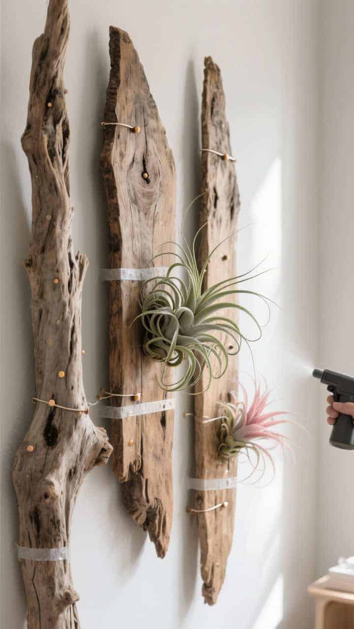 Detail closeup of wabi-sabi wood slabs on a wall: driftwood and live-edge pieces with expressive grain and organic asymmetry. Tillandsia varieties attached with floral wire and tiny dots of non-toxic adhesive—xerographica in the center for dramatic curls, ionantha adding blush tones nearby. Lightweight, soil-free setup with removable adhesive strips discreetly visible. Bright, indirect light skims across the wood texture; a handheld mister off-frame implied by dewy freshness. Calm, sculptural, natural. No people, photorealistic.