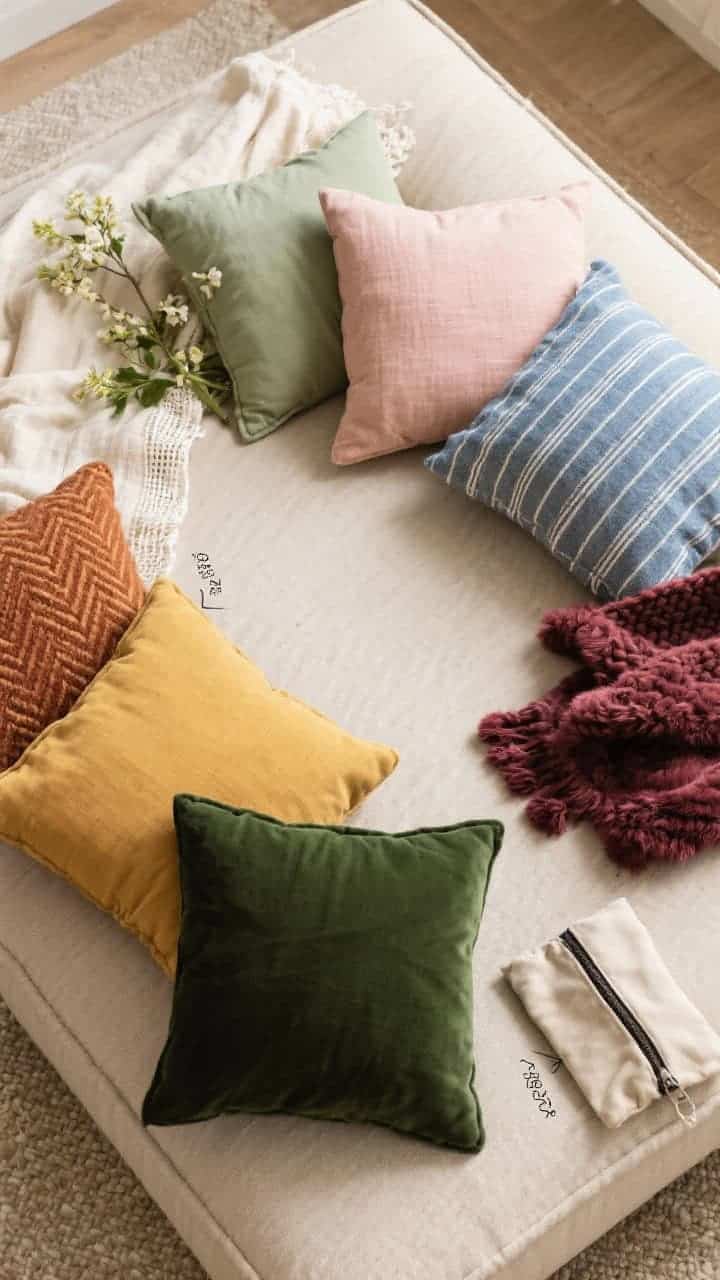 Overhead seasonal styling flat-lay on a neutral oat performance-fabric base cushion: four clusters around the cushion edges representing rotations—Spring: sage and blush pillows with a light linen throw; Summer: blue-striped pillows with a cotton gauze throw; Fall: rust and mustard pillows with a herringbone wool throw; Winter: deep green and berry pillows with a faux fur or cable knit throw. Include labeled zip pouches tucked to one side to imply the modular swap system. Soft, diffuse daylight.