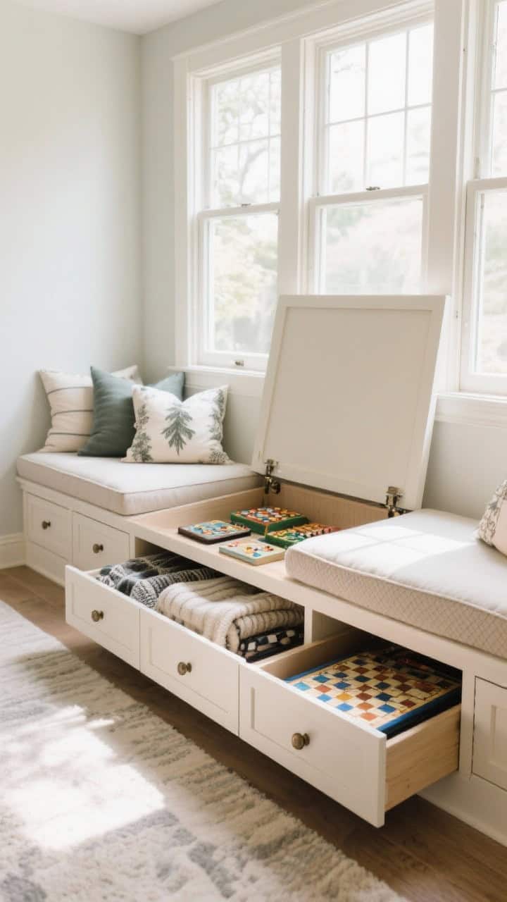Wide shot of a bay window bench with built-in storage: cushioned top over shaker-style drawer bases and a lift-up bench section. Show hinged top with a soft-close stay propping it open slightly, cutout finger pulls on drawers (no knobs), and a cushion cover with a grippy bottom to prevent sliding. Inside the open compartment, neatly stashed throws, seasonal pillow covers, and board games. Bright daytime light; angled perspective to show both storage and seating.