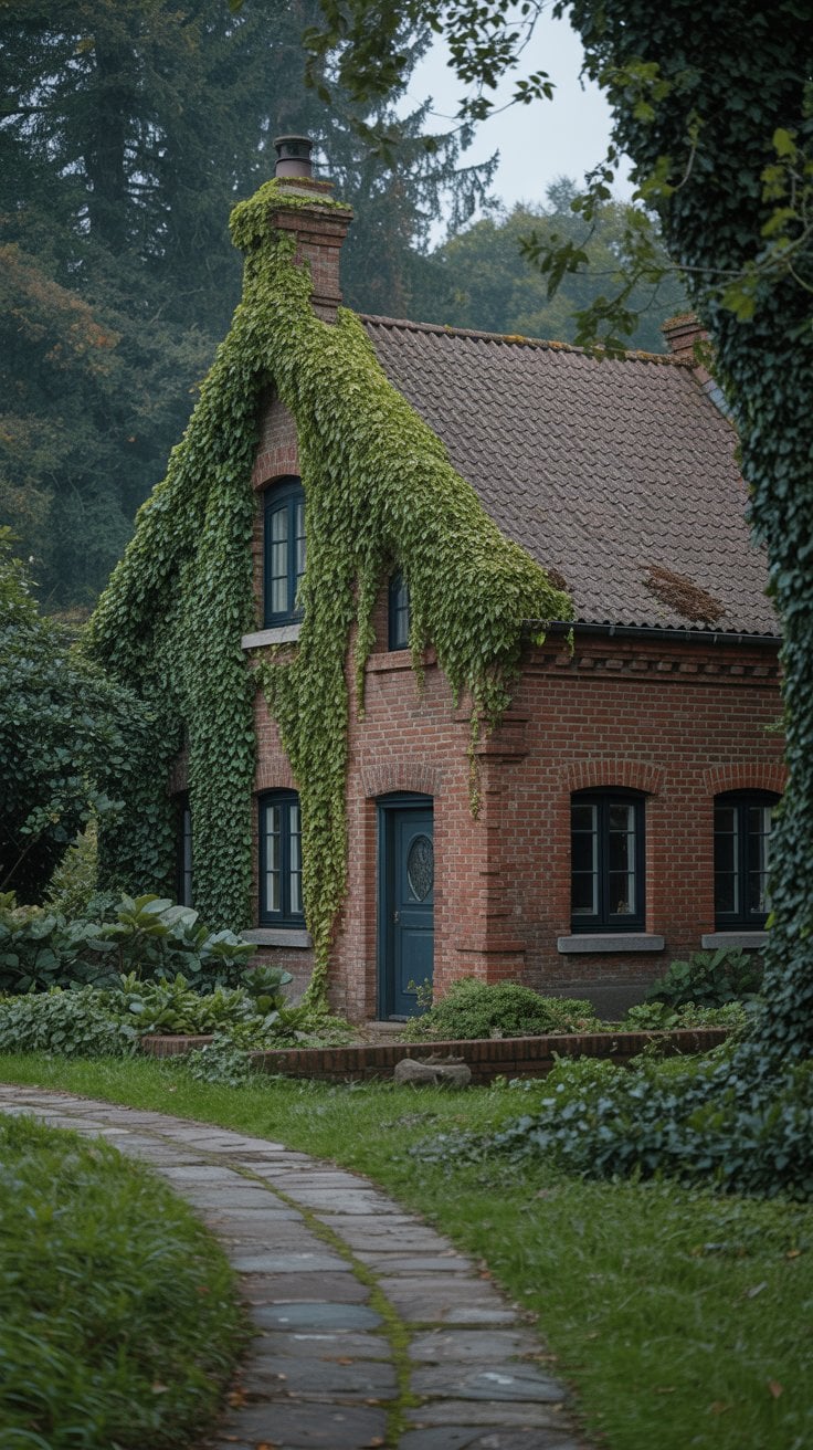 Brick cottage wrapped in ivy with a mossy stone path.
