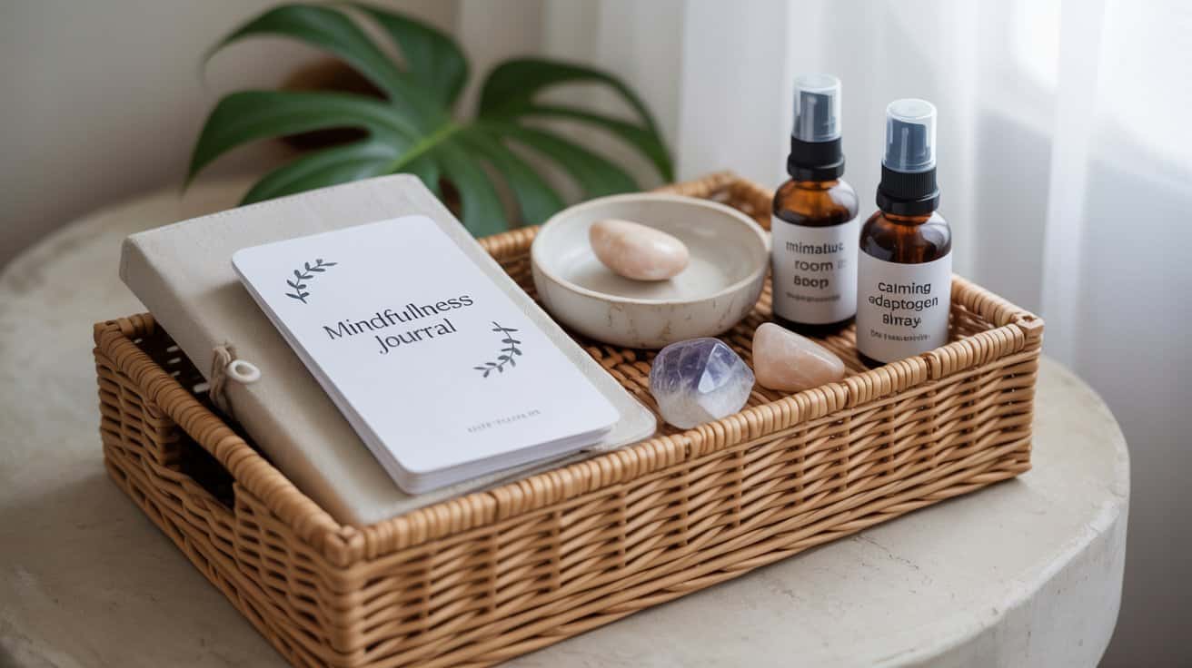 Mindfulness hamper with journal, affirmation cards, adaptogen blends, and crystals.