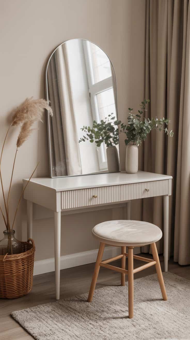 Minimal vintage vanity styled with a single statement mirror and clean surface