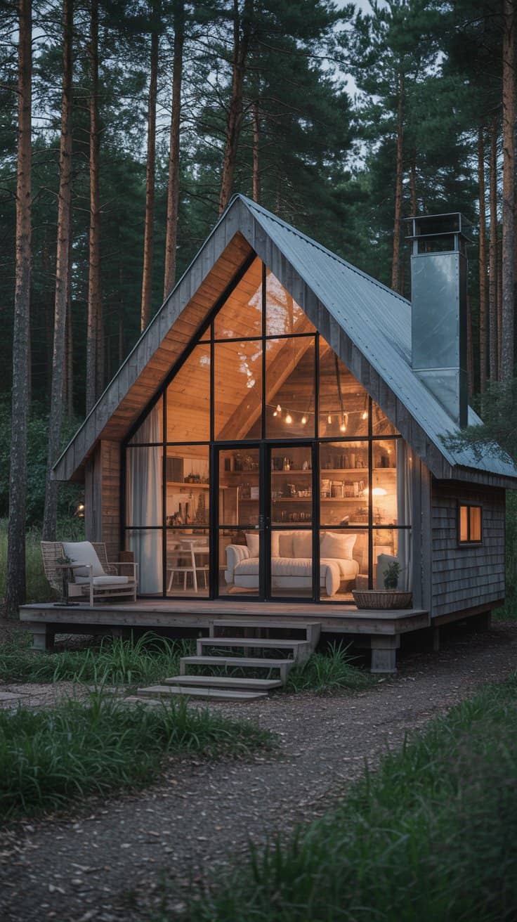 Rustic woodland cabin with large glowing windows.
