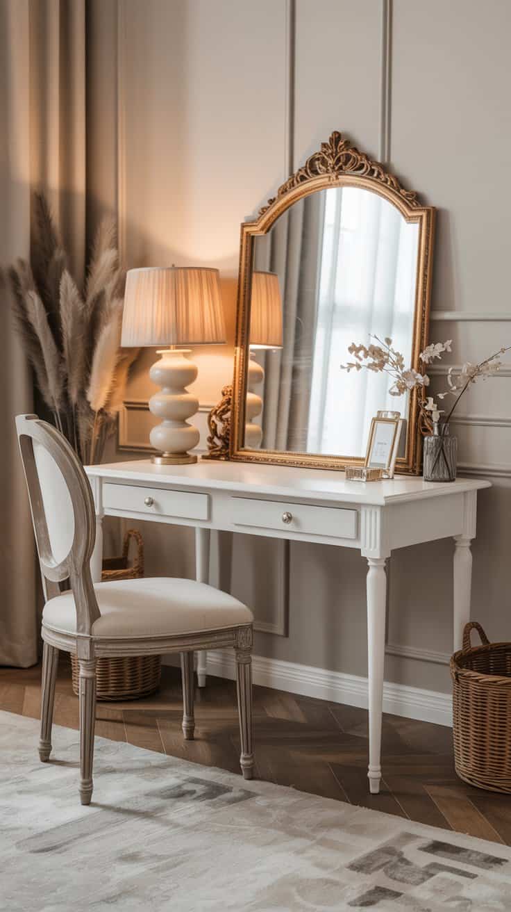 Vintage vanity with an ornate gold-framed mirror as the main focal point