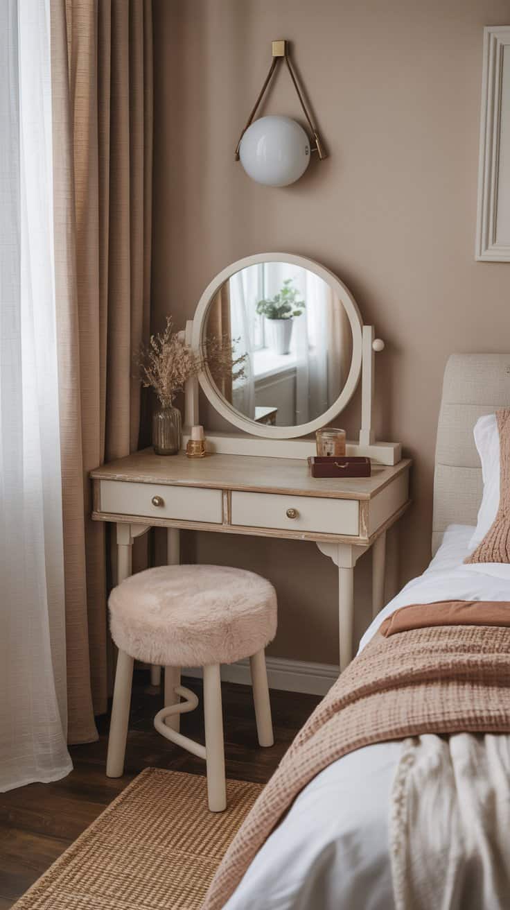 Small vintage vanity styled in a cozy bedroom corner with a round mirror