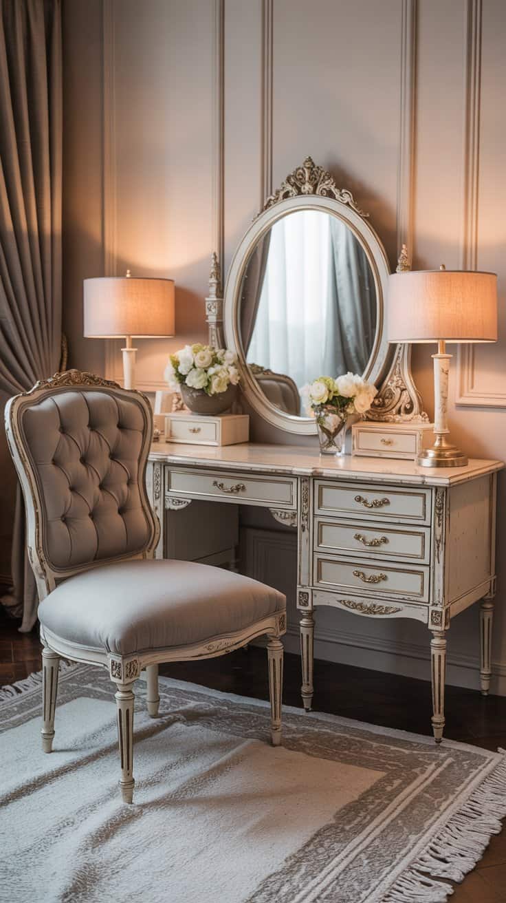 Vintage vanity paired with a tufted upholstered chair in an elegant bedroom