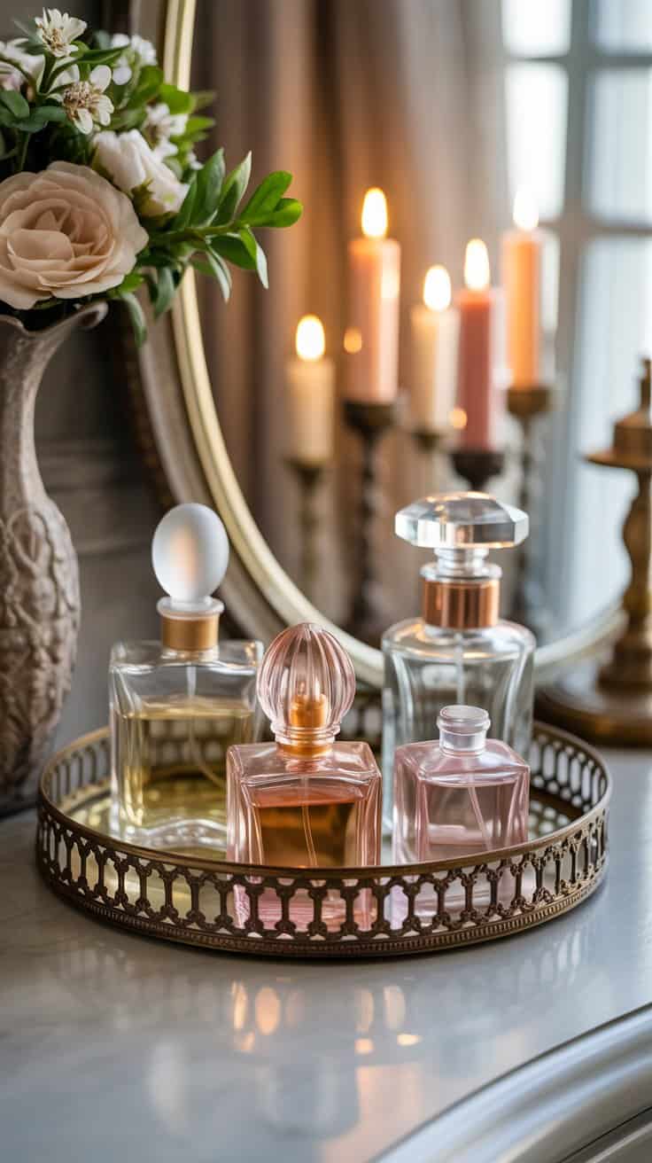 Vintage vanity styled with antique perfume bottles arranged on a decorative tray