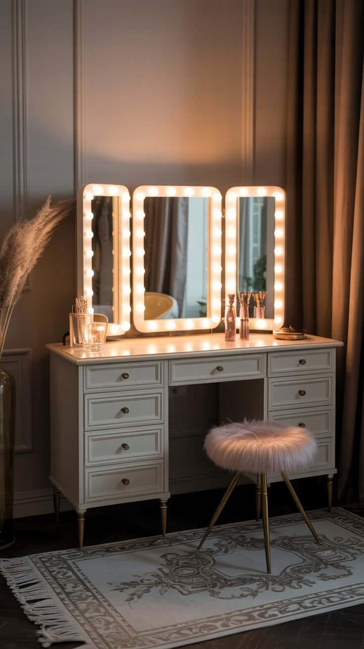 Old Hollywood-style vanity with triple mirrors and soft ambient lighting