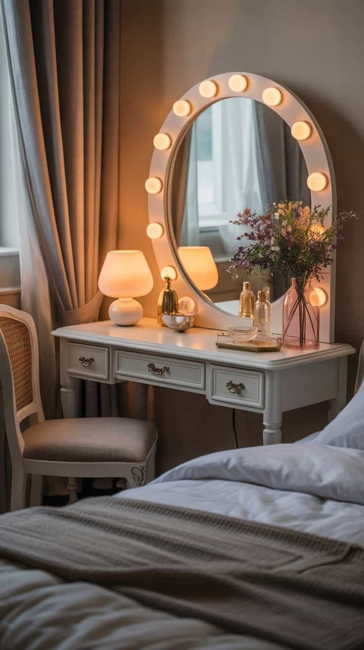 Vintage vanity styled with soft ambient lighting for a warm, cozy glow