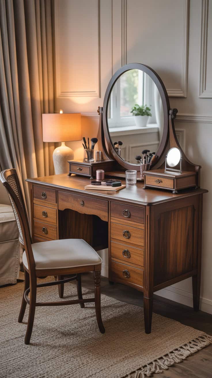 Vintage writing desk styled as a vanity with a tabletop mirror and minimal decor