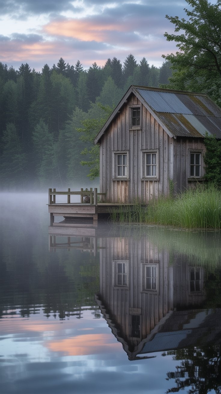 Weathered wooden cottage by a still lake on a misty morning.
