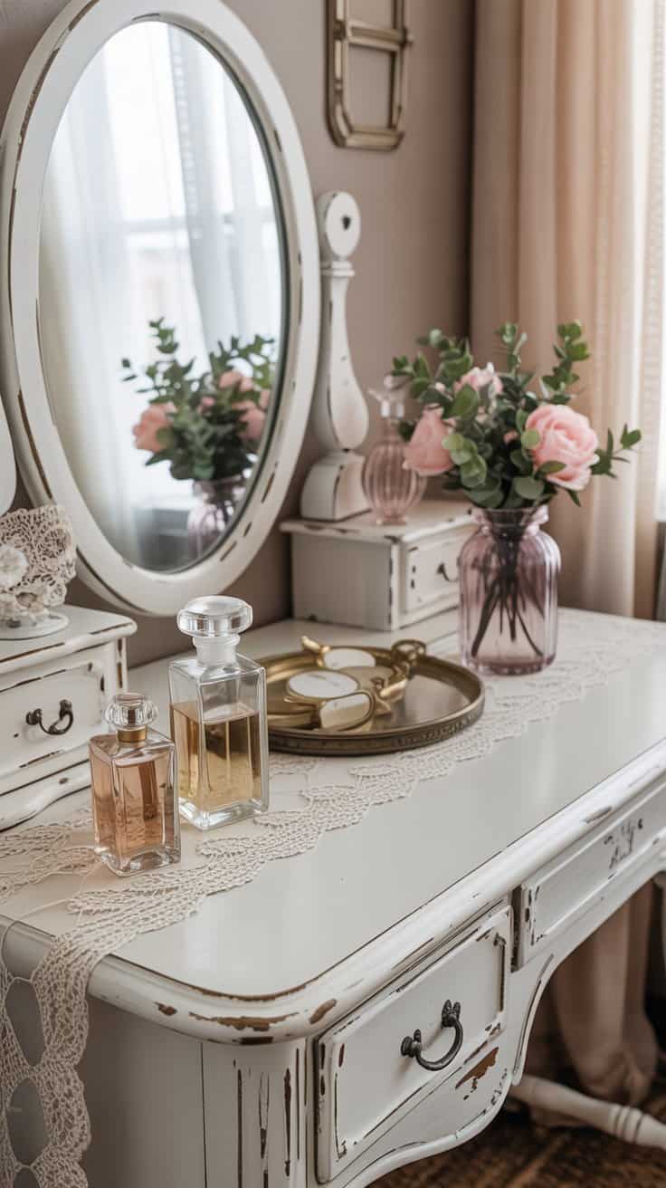 White distressed vintage vanity styled with glass perfume bottles and soft cottage decor