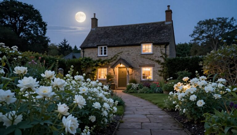 A moonlit cottage garden with white flowers glowing in the evening light