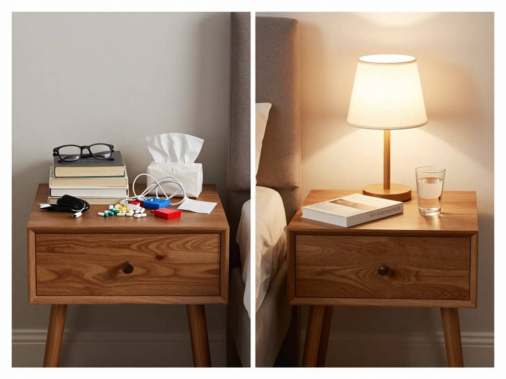 Before and after of a decluttered bedside table showing significant improvement Before and after of a decluttered bedside table showing significant improvement