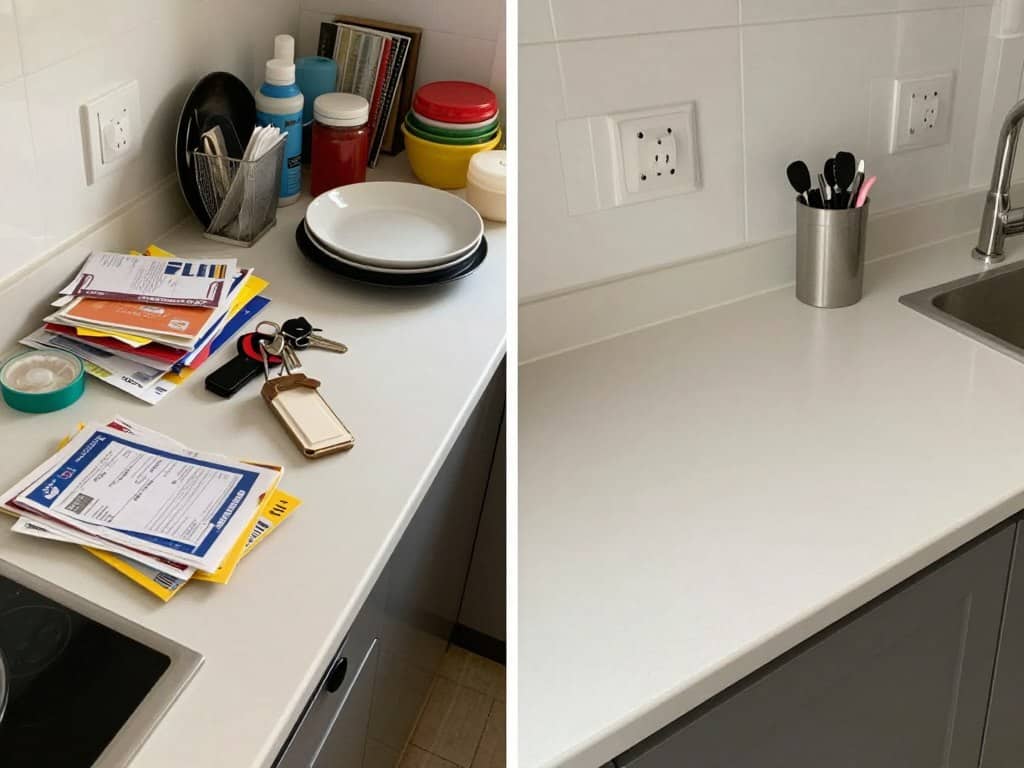 Before and after of a decluttered kitchen counter showing visible improvement Before and after of a decluttered kitchen counter showing visible improvement