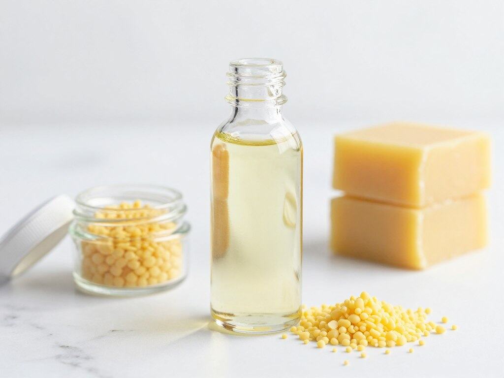Bottle of castor oil and beeswax pellets for making castor oil lip balm recipe