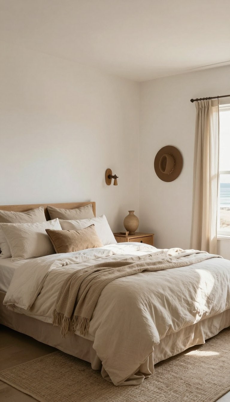 Coastal cowgirl bedroom with sun-washed neutral color palette featuring warm whites, sand tones, and soft taupe