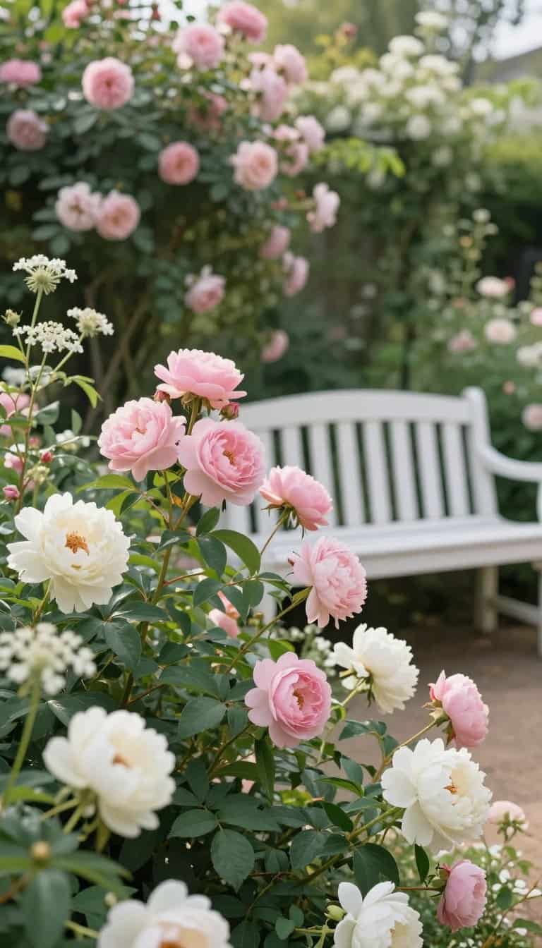 Cottage garden with soft pink roses and creamy white flowers creating a romantic morning atmosphere