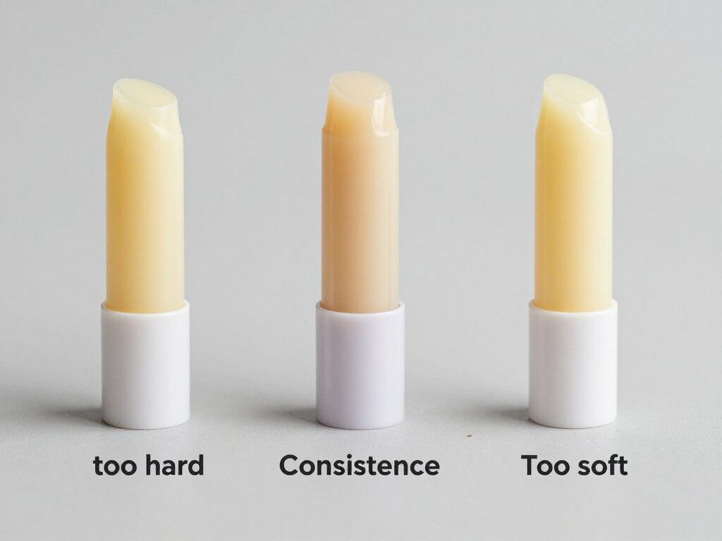 Different textures of castor oil lip balm showing troubleshooting examples