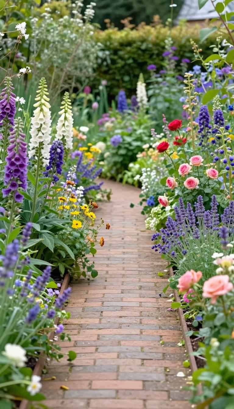 English cottage garden with a central path and overflowing flower borders on both sides