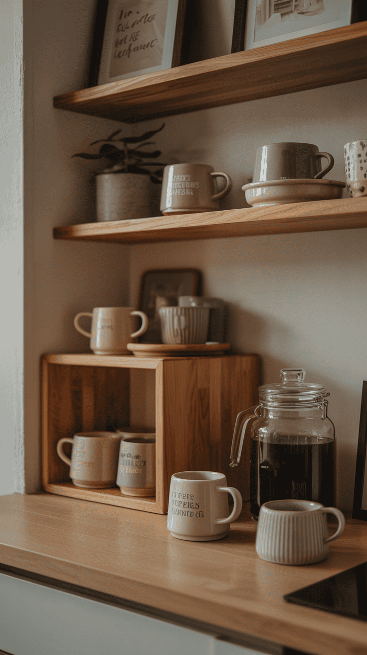 Cozy coffee nook with warm wooden shelves, ceramic mugs, and soft natural light creating a calm morning retreat.