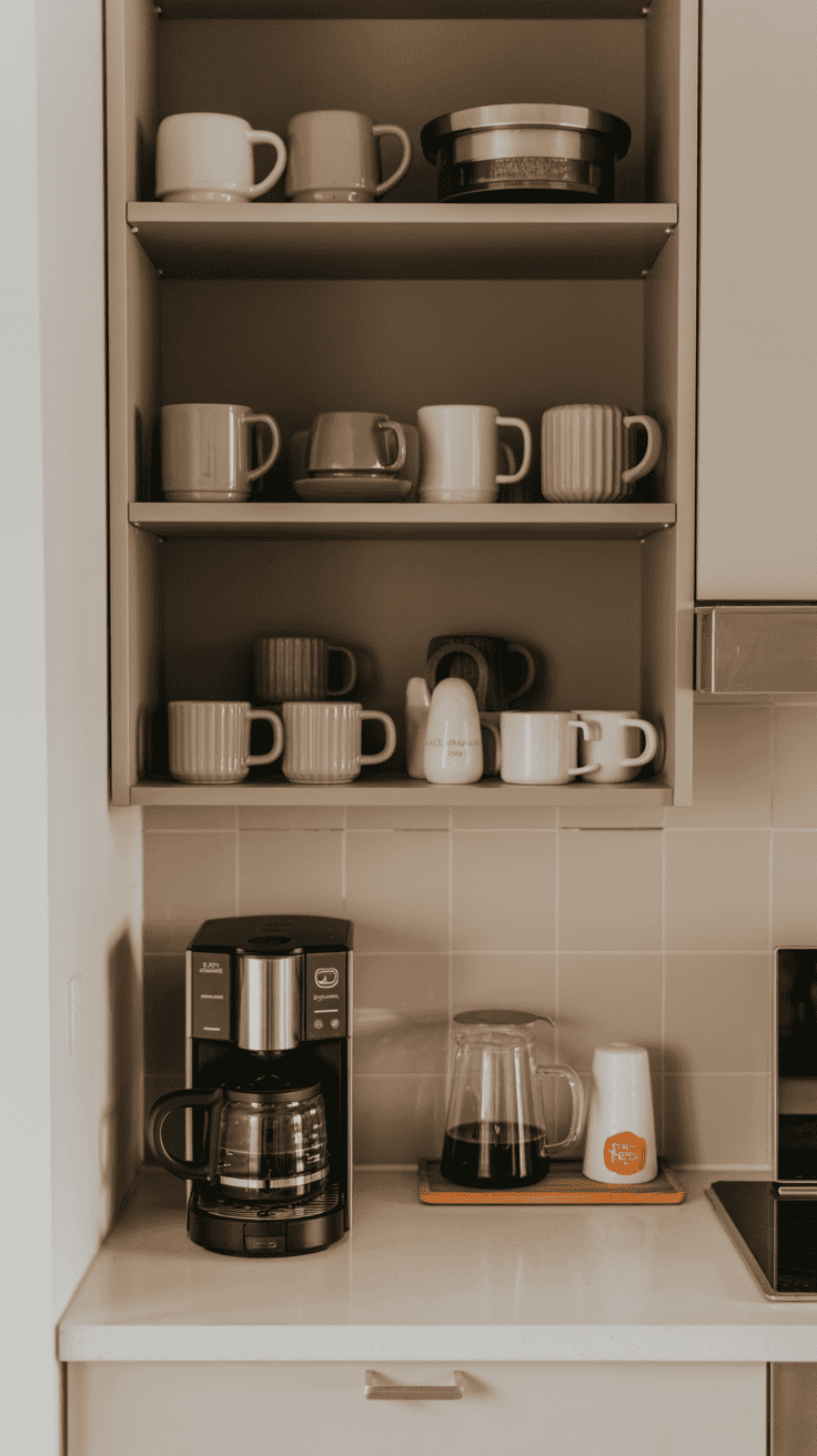 Open shelf coffee nook with neutral mugs and simple styling for an inviting, everyday coffee station.