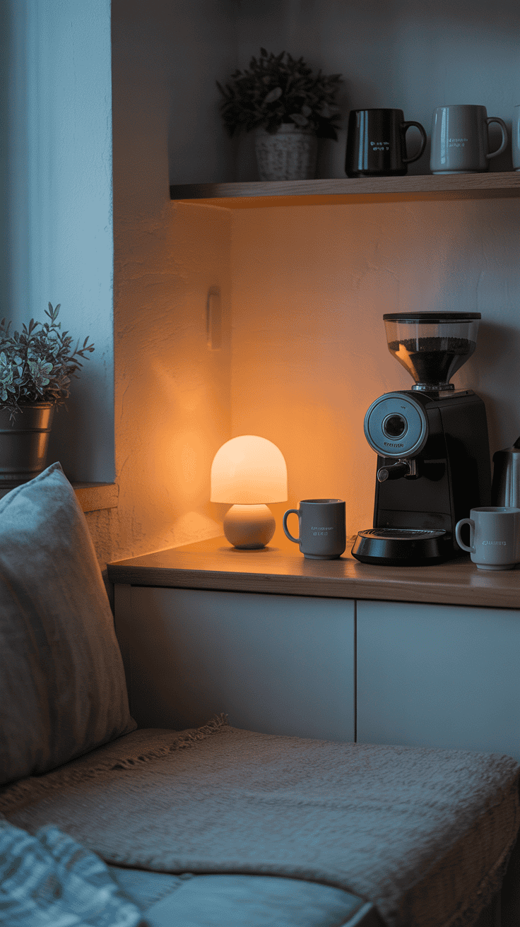 Coffee nook with soft warm lighting creating a relaxed, slow morning atmosphere.