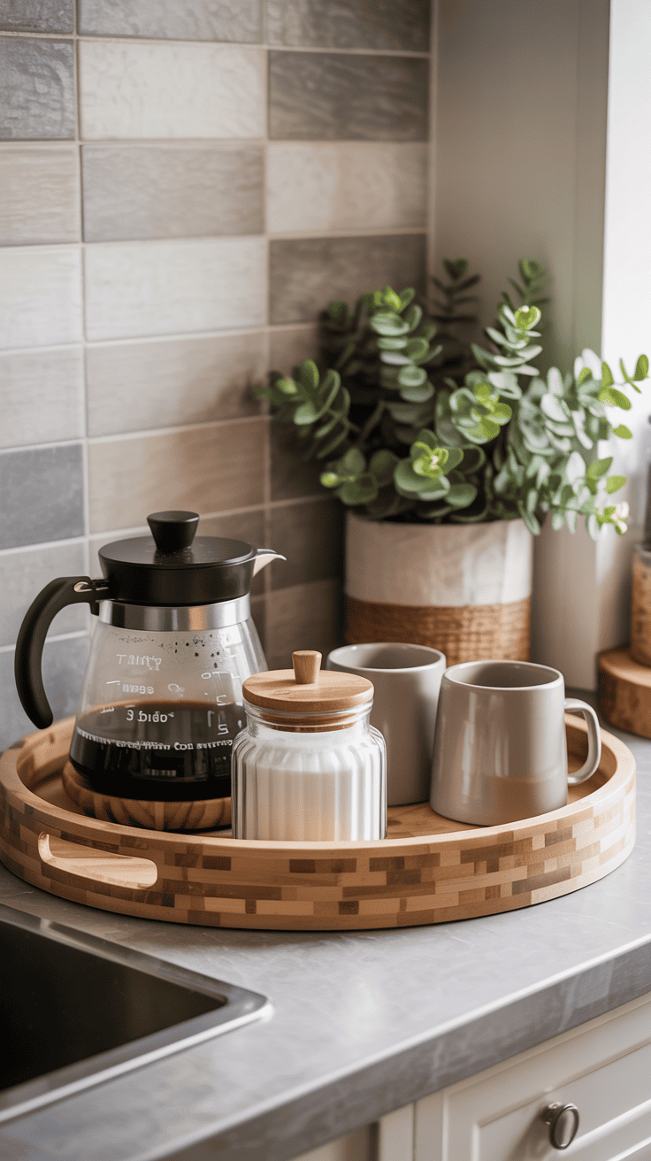 Organized coffee nook with a tray holding daily essentials for a tidy, cozy setup.