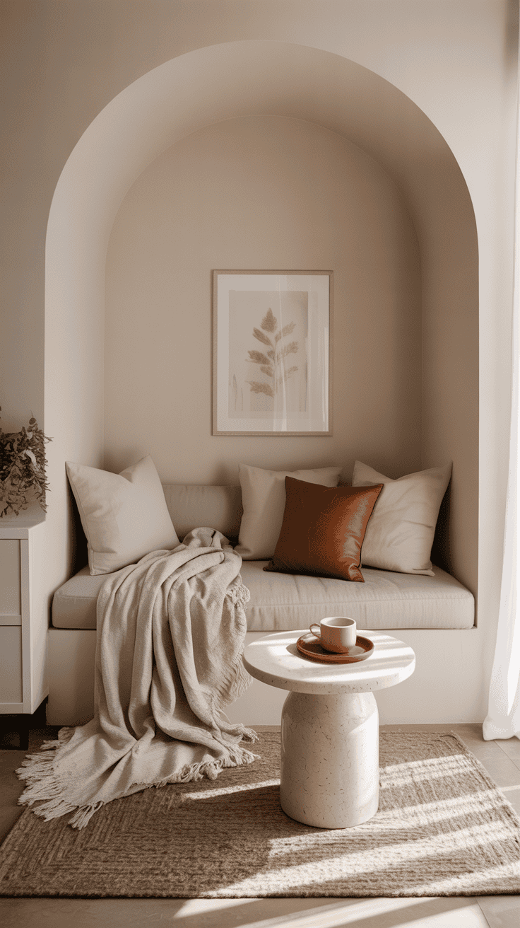 Neutral coffee nook with soft beige tones and one cozy accent color for a calm morning retreat.