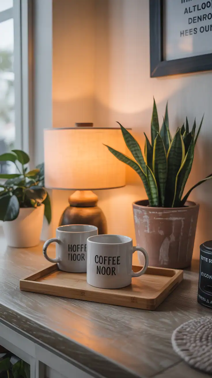 Personalized coffee nook with meaningful decor and plants creating a warm, inviting space.