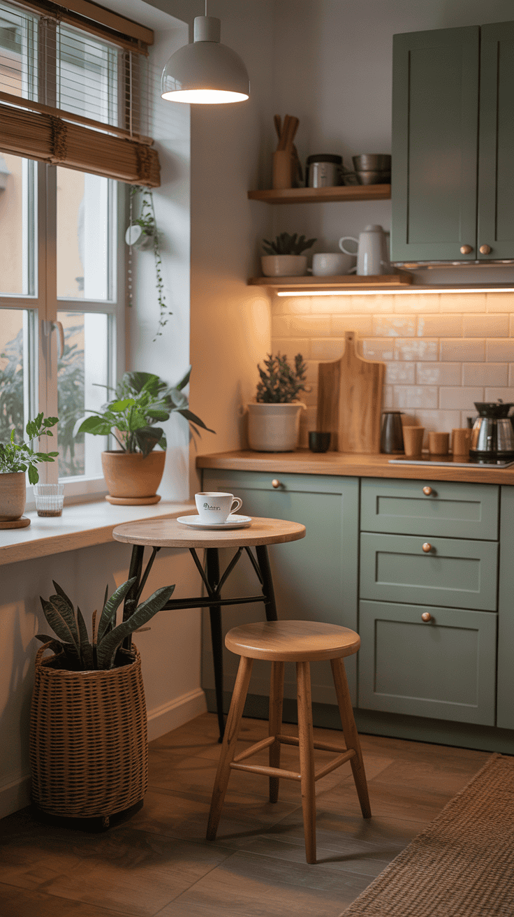 Small coffee nook with seating that encourages a calm, slow morning coffee ritual.