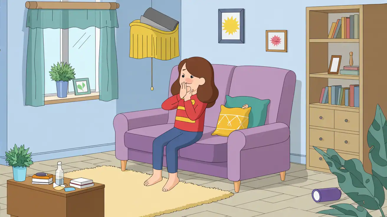 Peaceful, decluttered room with person looking content Peaceful, decluttered room with person looking emotional