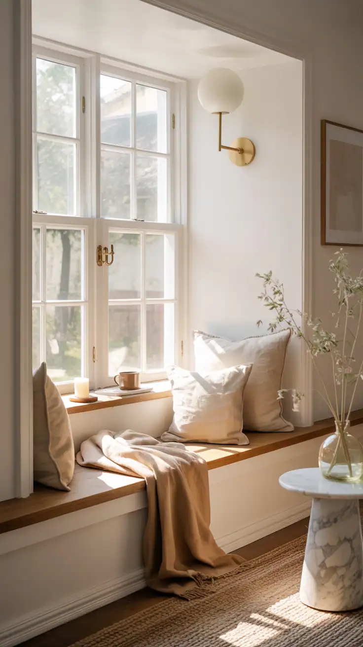 Photorealistic wide shot of a sun-drenched built-in window bench washed in morning light, stacked with ivory linen cushions and a soft camel throw; warm white palette with brushed brass sconce and window hardware; oak ledge shelf under the window holding a mug and candle; jute rug on the floor; a petite marble side table nearby; bright, airy mood.