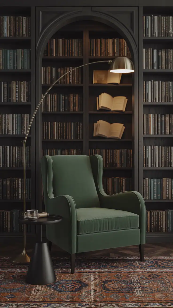 Medium shot of a moody library alcove with charcoal-painted walls and a deep forest green velvet armchair centered between floor-to-ceiling bookcases; a library-style brass floor lamp arcing overhead casting warm light on open pages; Persian rug in russet and indigo grounding the scene; black pedestal table holding tea; dramatic, intimate ambiance.