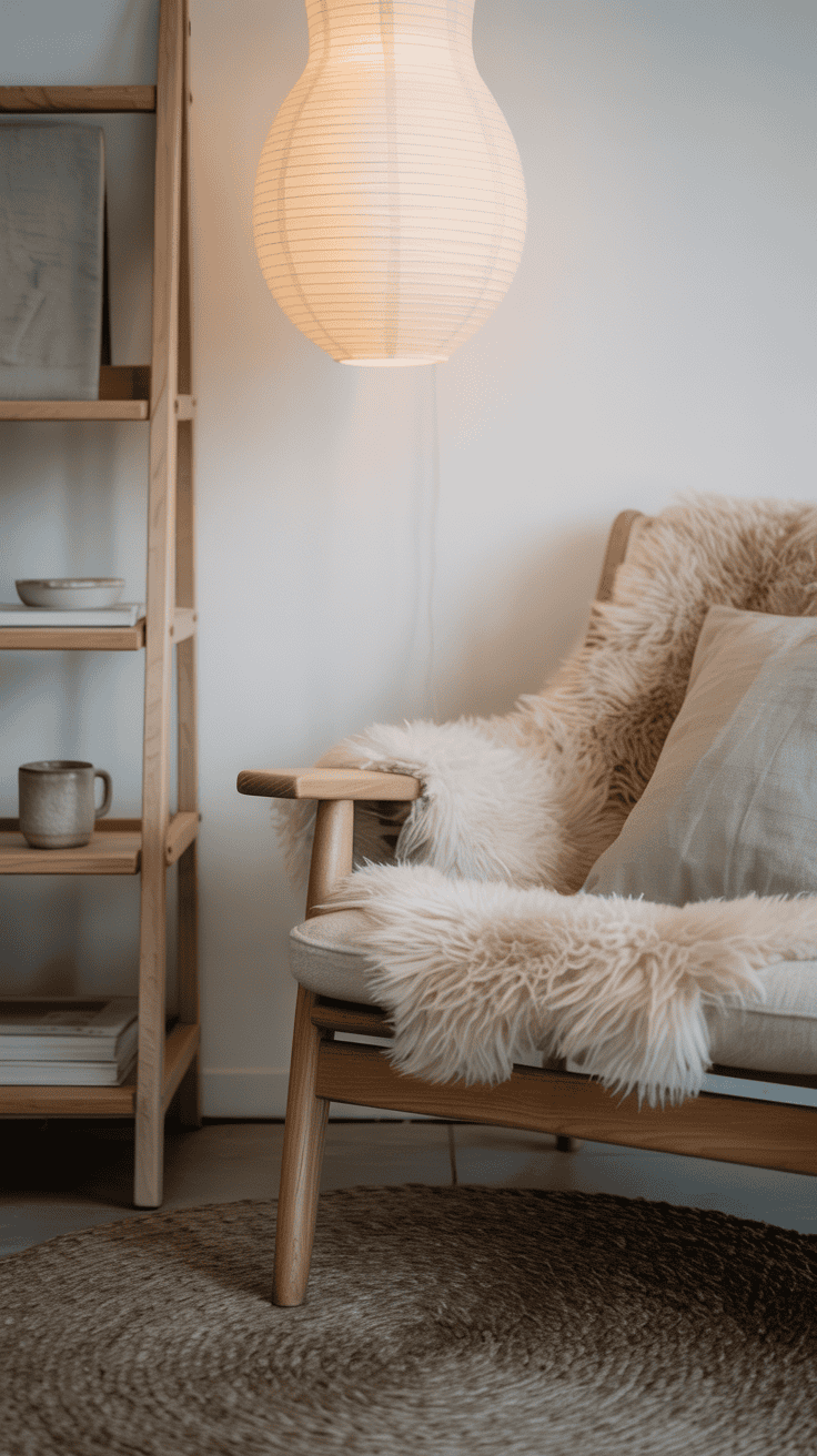 Closeup detail of a minimal Scandinavian corner: matte white wall backdrop, birch wood ladder shelf edge, the arm of a low-profile oak lounge chair draped with a plush sheepskin throw; round wool rug texture visible; soft glow from a slim paper lantern pendant; stoneware mug and pale sage linen pillow adding subtle color; calm, airy feel.