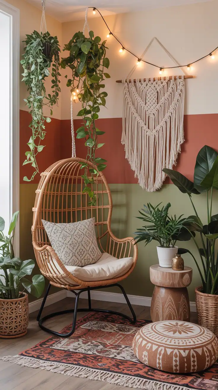 Medium corner angle of a plant-filled boho nook featuring a rattan egg chair and cascading trailing pothos from ceiling hooks; terracotta, olive green, and cream color story; layered kilim rug, macramé wall hanging, carved wood stool used as side table; twinkle lights and a patterned floor cushion enhancing a dreamy, leafy hideaway.