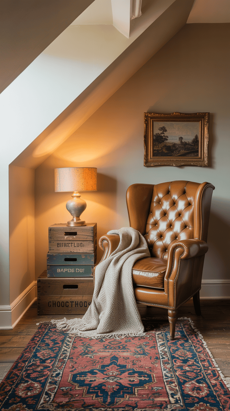 Medium attic retreat under sloped ceilings painted warm cream; faded oriental rug layered on wood floor; tufted leather club chair anchored in the corner; stacked antique crates serving as a side table with a banker’s lamp glowing warmly; wool herringbone throw draped over the chair; small gilt-framed landscape art adding old-world charm.