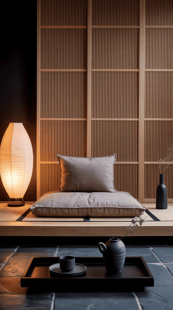 Low, straight-on shot of a Japandi low-lounge: taupe platform cushion set on a tatami-style mat, backed by a slatted oak screen; stone, sand, and black palette; rice paper floor lamp casting a gentle glow; minimal decor with a ceramic tea set on a low black tray table and a single branch in a vase; serene, grounded mood.