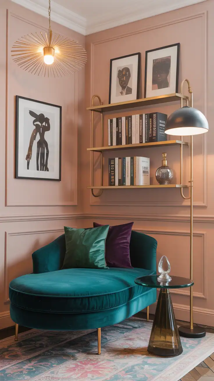 Medium glamour corner with a teal velvet chaise against soft blush walls; brass gallery shelf with glossy art books; smoked glass side table; brass sputnik pendant sparkling overhead; emerald and amethyst pillows adding jewel tones; black-and-gold floor lamp completing the luxe atmosphere.