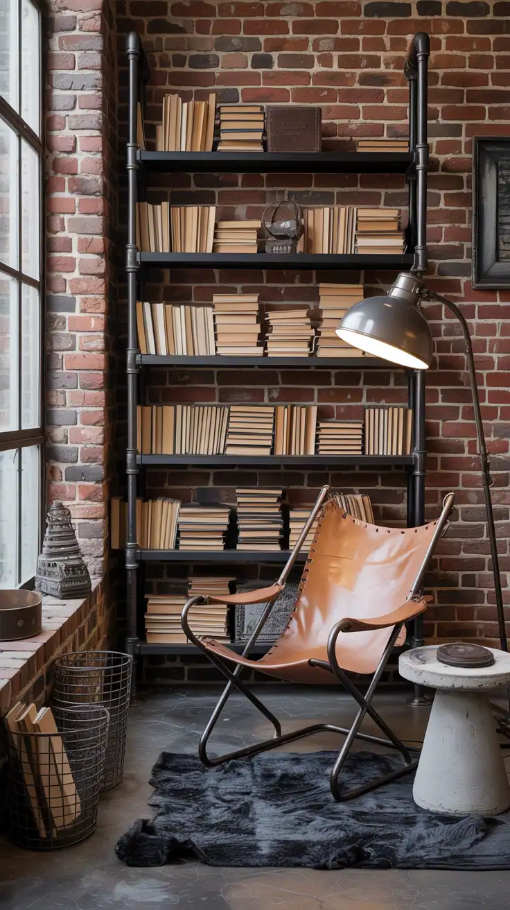 Wide industrial loft nook showcasing a red brick wall, black metal pipe shelves loaded with books, and a vintage leather sling chair; factory floor lamp swinging over the seating; charcoal wool rug and concrete side table; wire baskets for storage; rugged palette of tobacco, iron, and ash; gritty, textural feel.