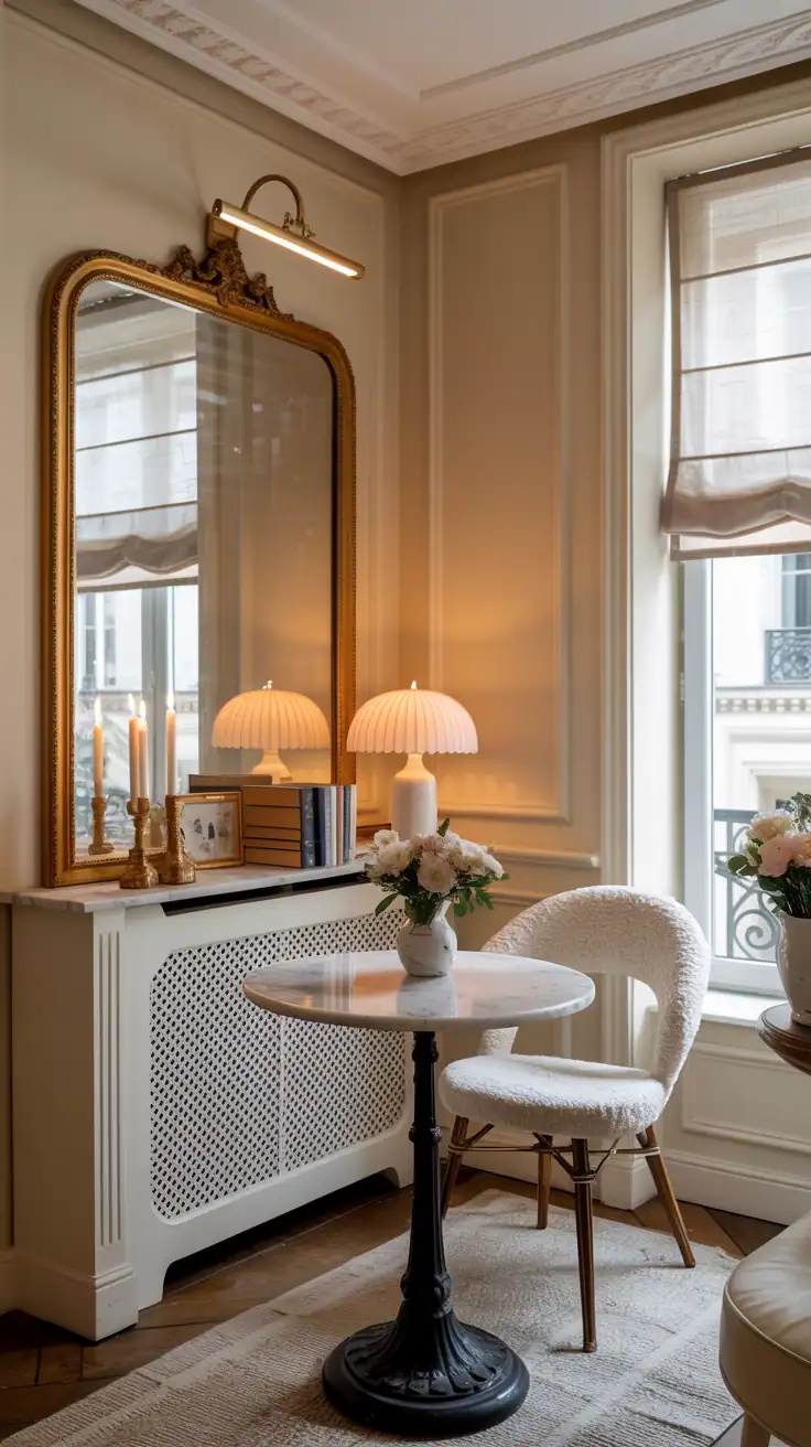 Medium Parisian apartment perch: creamy walls with French molding; bistro-style marble table paired with a curvy ivory boucle chair; gold-framed mirror leaning above a radiator cover turned book ledge; taper candles, linen roman shade, and a petite scalloped lamp; romantic, refined daylight.