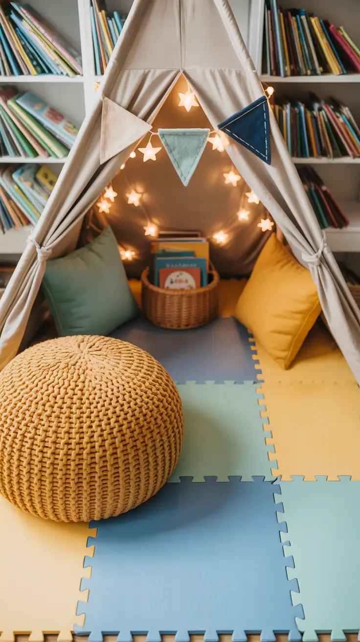 Overhead detail shot of a kid-friendly story cove: canvas teepee/canopy filled with foam floor tiles and a giant knit pouf; soft, happy colors of butter yellow, sky blue, and mint in accents; front-facing book rails lining the wall; string star lights and a felt pennant banner; low book basket within easy reach; gentle, cozy lighting.