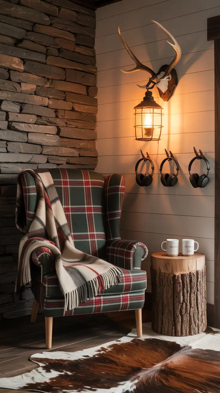 Wide rustic mountain lodge nook: stone accent wall behind a plaid wingback chair; wool camp blanket draped over the arm; earthy tones of pine green, rust, and oatmeal; wood stump side table, iron lantern sconce casting warm light, and a cowhide rug; antler hooks on the wall holding mugs and headphones; cozy, rugged atmosphere.