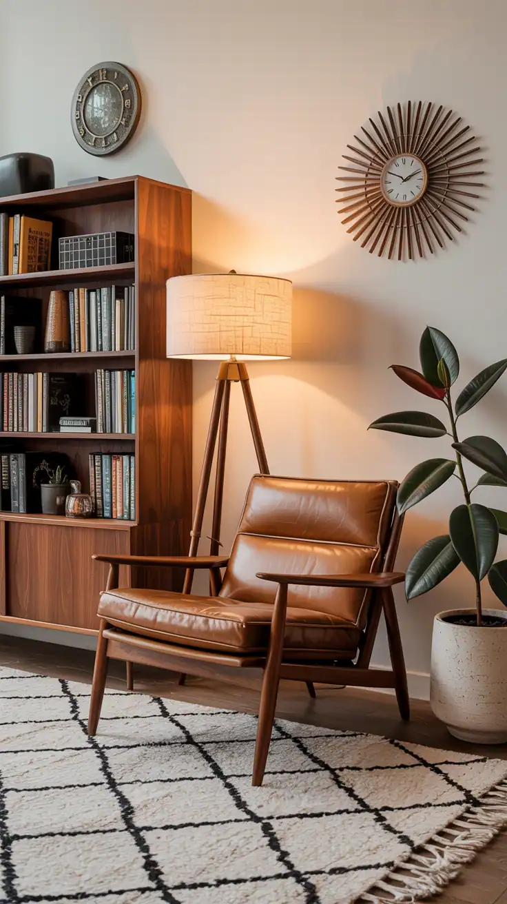 Medium mid-century corner: warm walnut bookcase and a low-slung cognac leather lounge chair; tripod floor lamp with linen shade providing perfect reading light; geometric rug in cream and black; sunburst clock on the wall; ceramic planter with a rubber plant; clean lines and balanced composition.