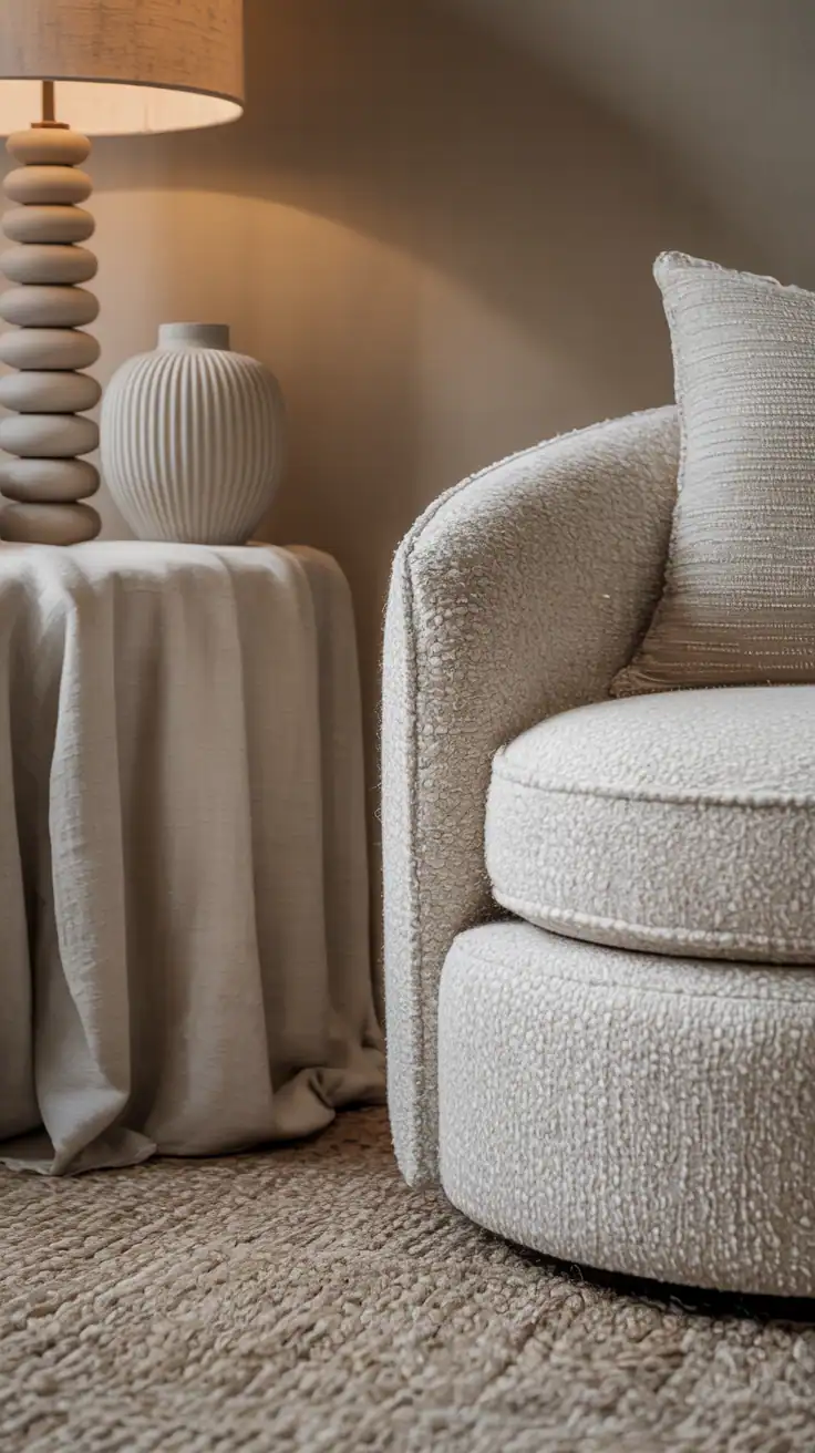 Closeup texture detail of a serene neutral nook: cream boucle swivel chair curve, nubby wool rug pile, and a linen-draped side table edge; walls in warm greige; beaded wood lamp base, stacked tone-on-tone pillows, and a ribbed ceramic vase; soft, diffused lighting emphasizing layered textures.