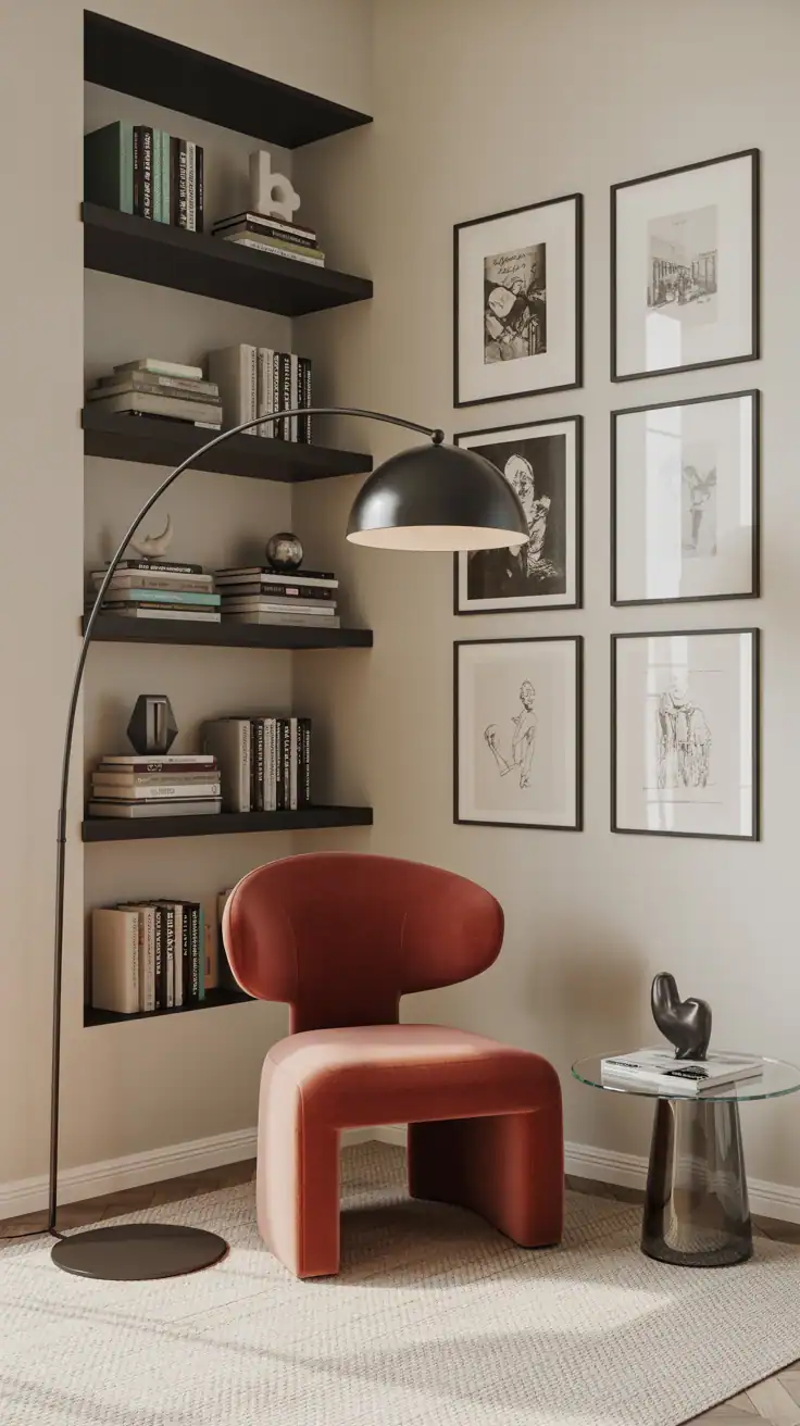 Medium shot of an artful nook: sculptural accent chair in paprika beneath a curated gallery wall of prints and sketches; black arc floor lamp arching over a glass-and-metal side table; neutral flatweave rug underfoot; floating ledges displaying stacked books like art; crisp, modern lighting.